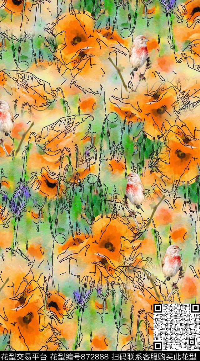 花卉花朵线描数码印花华亿平台下载（图片编号: 872888） - 瓦栏（Walan）