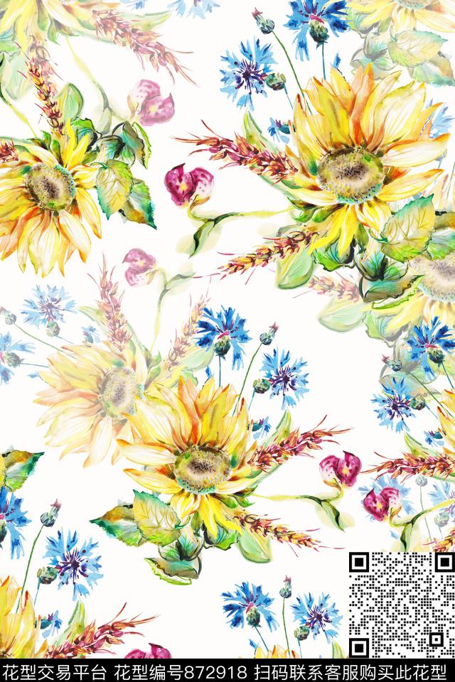 手绘花卉水彩时尚大花数码印花华亿平台下载（图片编号: 872918） - 瓦栏（Walan）
