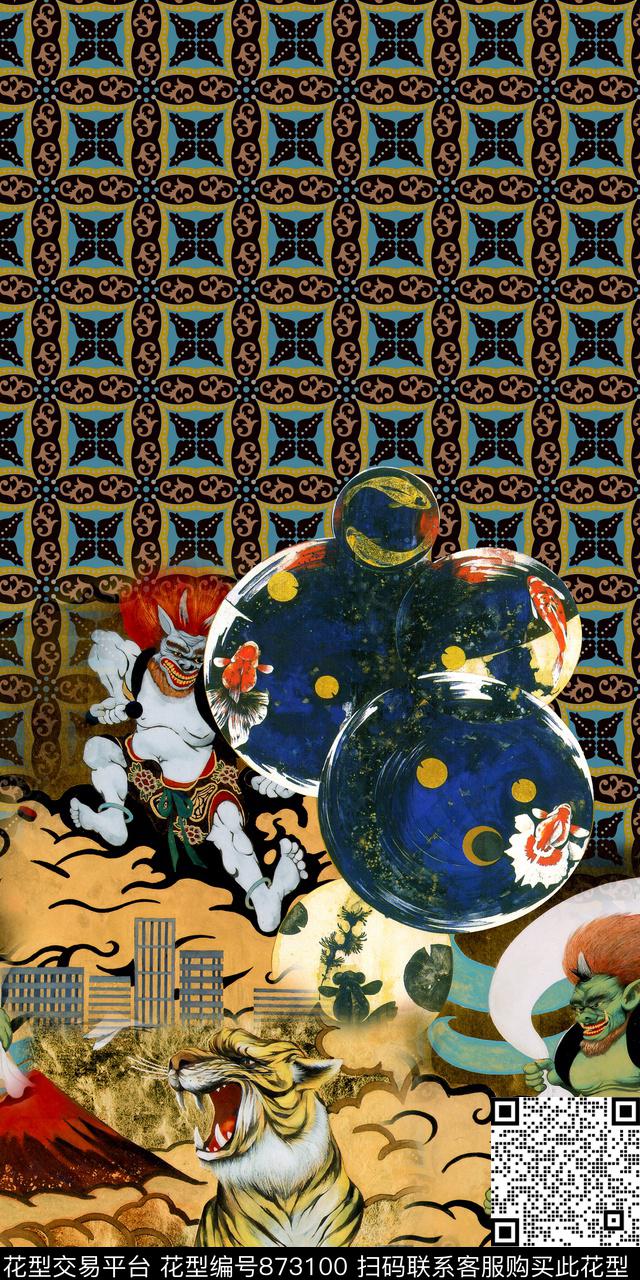 民族风格子动物数码印花华亿平台下载（图片编号: 873100） - 瓦栏（Walan）