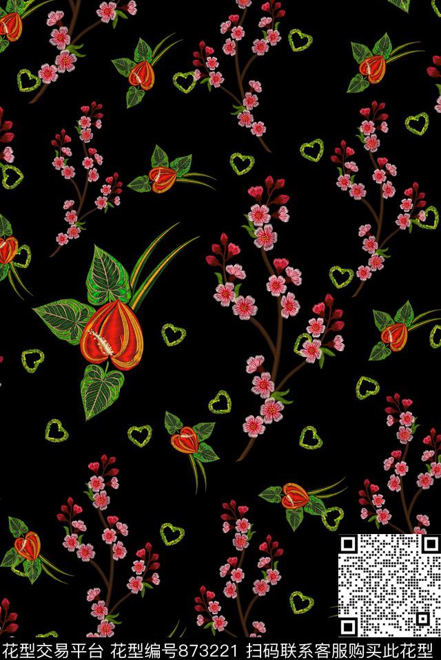 绣花小碎花爱心数码印花华亿平台下载（图片编号: 873221） - 瓦栏（Walan）