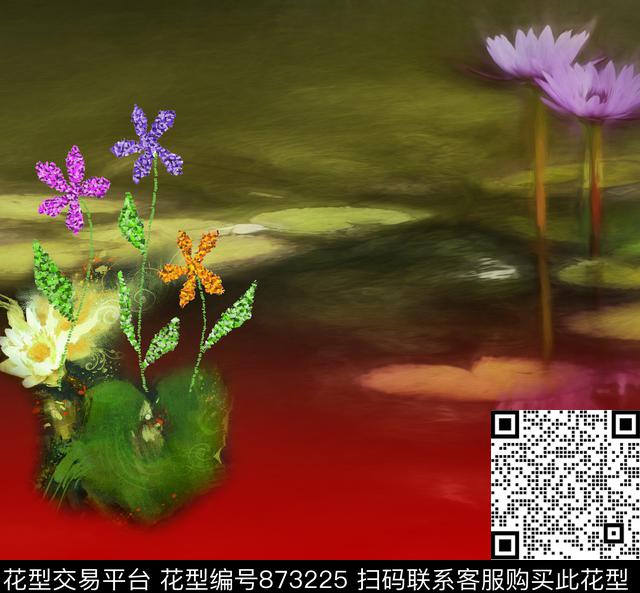 荷花小碎花花卉数码印花华亿平台下载（图片编号: 873225） - 瓦栏（Walan）