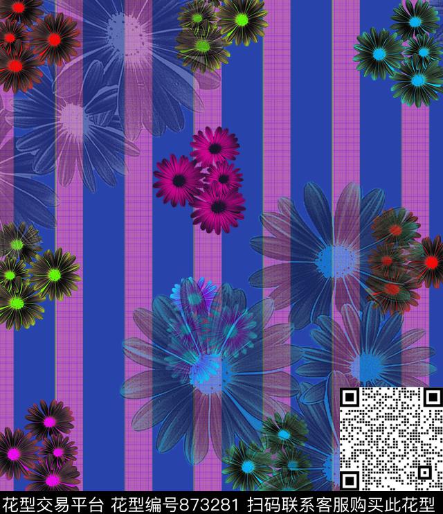 抽像花卉线条数码印花华亿平台下载（图片编号: 873281） - 瓦栏（Walan）