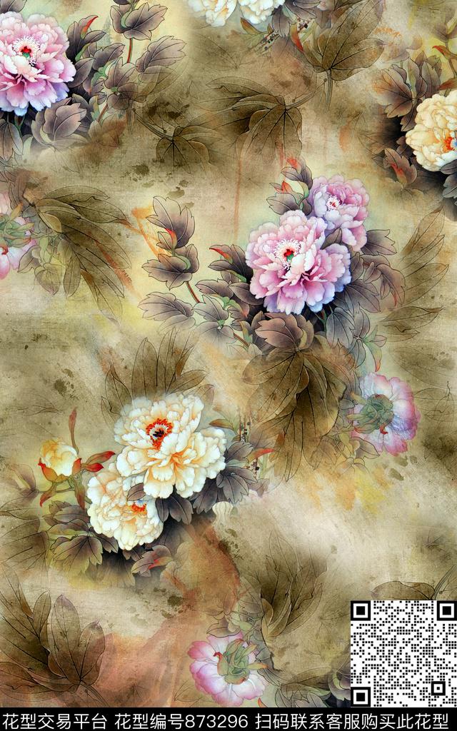 牡丹中国风国画数码印花华亿平台下载（图片编号: 873296） - 瓦栏（Walan）
