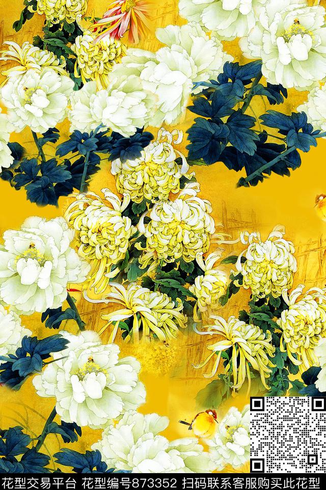 菊花花卉虫鸟数码印花华亿平台下载（图片编号: 873352） - 瓦栏（Walan）