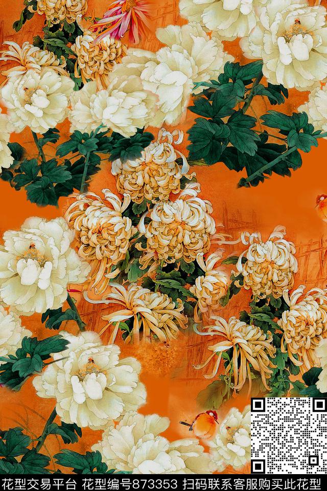 菊花花卉虫鸟数码印花华亿平台下载（图片编号: 873353） - 瓦栏（Walan）