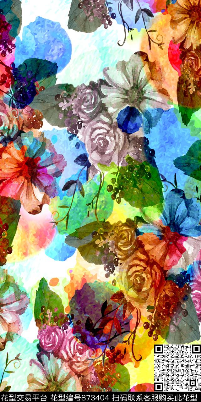 花卉植物水彩数码印花华亿平台下载（图片编号: 873404） - 瓦栏（Walan）