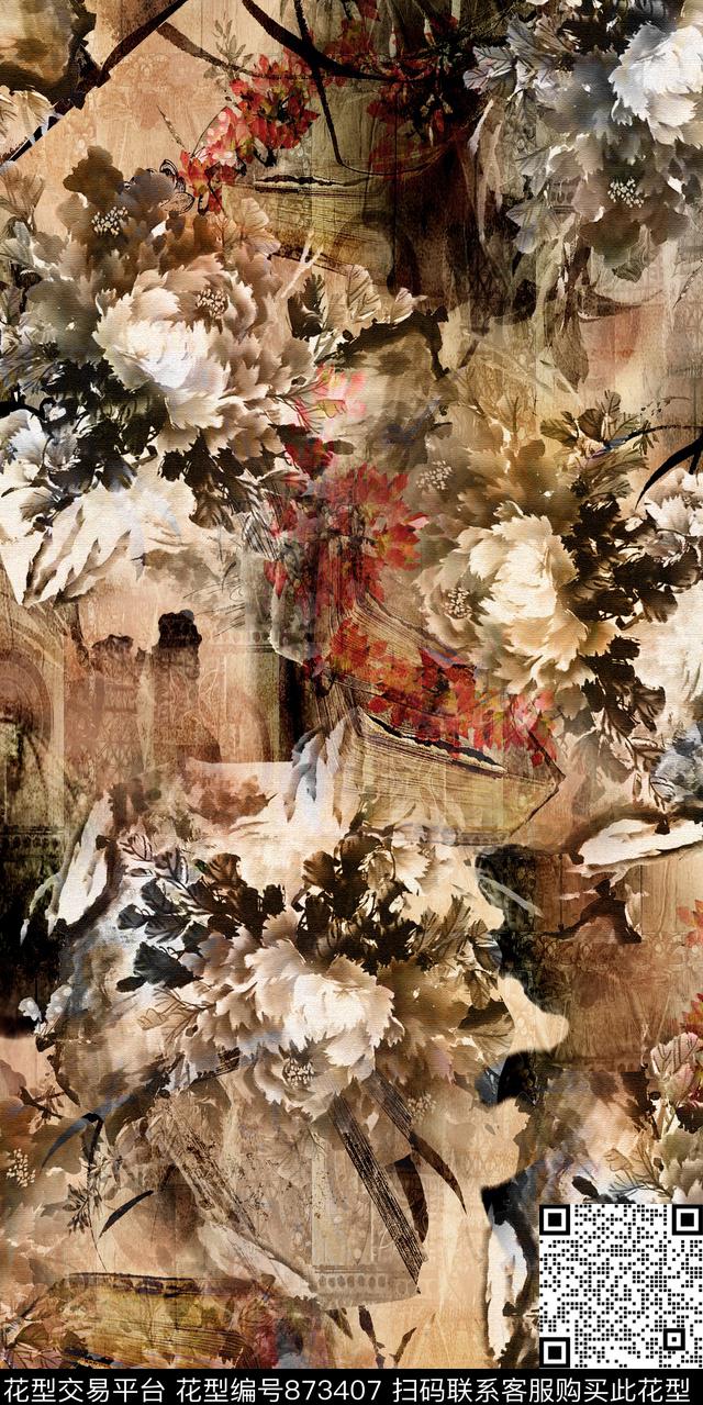 花卉古典植物数码印花华亿平台下载（图片编号: 873407） - 瓦栏（Walan）