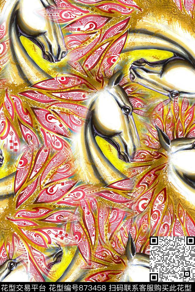 花纹马土黄色数码印花华亿平台下载（图片编号: 873458） - 瓦栏（Walan）