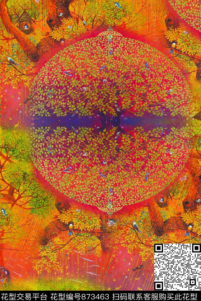 松树油画松柏树数码印花华亿平台下载（图片编号: 873463） - 瓦栏（Walan）