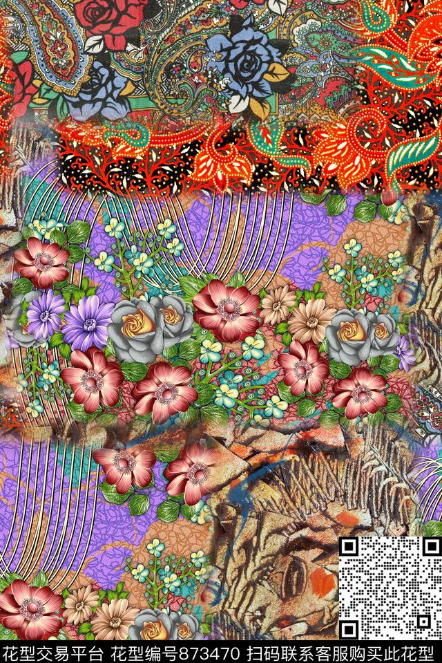 手绘花卉花纹数码印花华亿平台下载（图片编号: 873470） - 瓦栏（Walan）