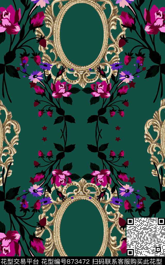 欧美复古风宫廷画框玫瑰花数码印花华亿平台下载（图片编号: 873472） - 瓦栏（Walan）