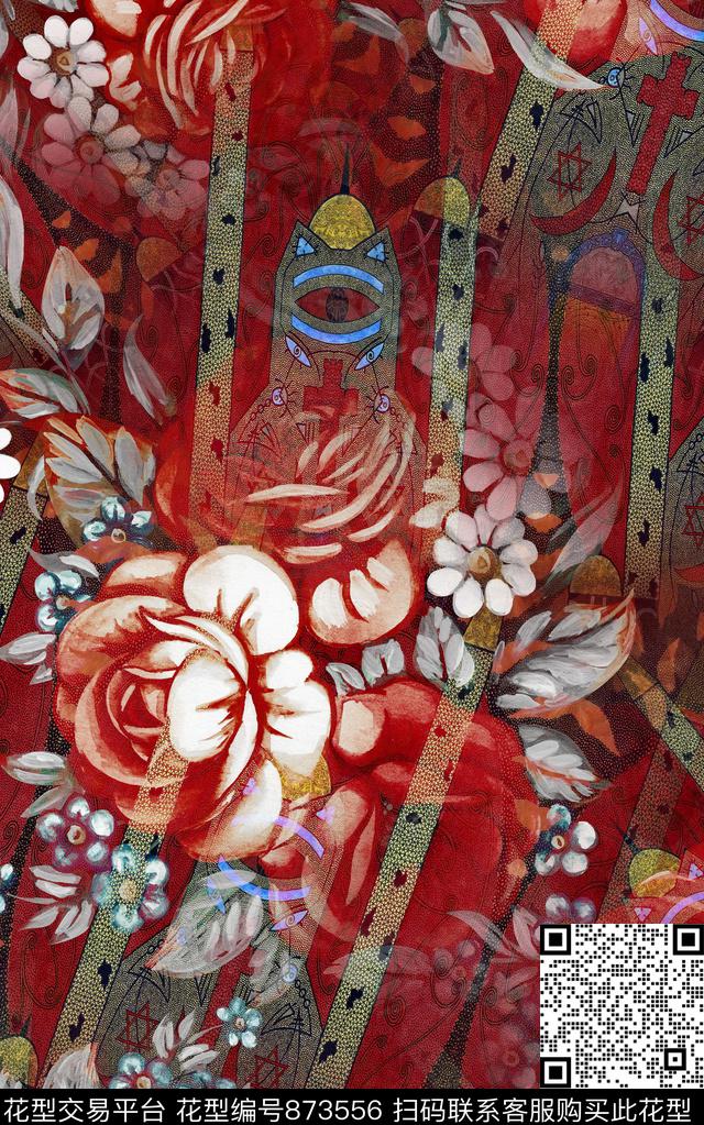 花卉手绘波西米亚数码印花华亿平台下载（图片编号: 873556） - 瓦栏（Walan）