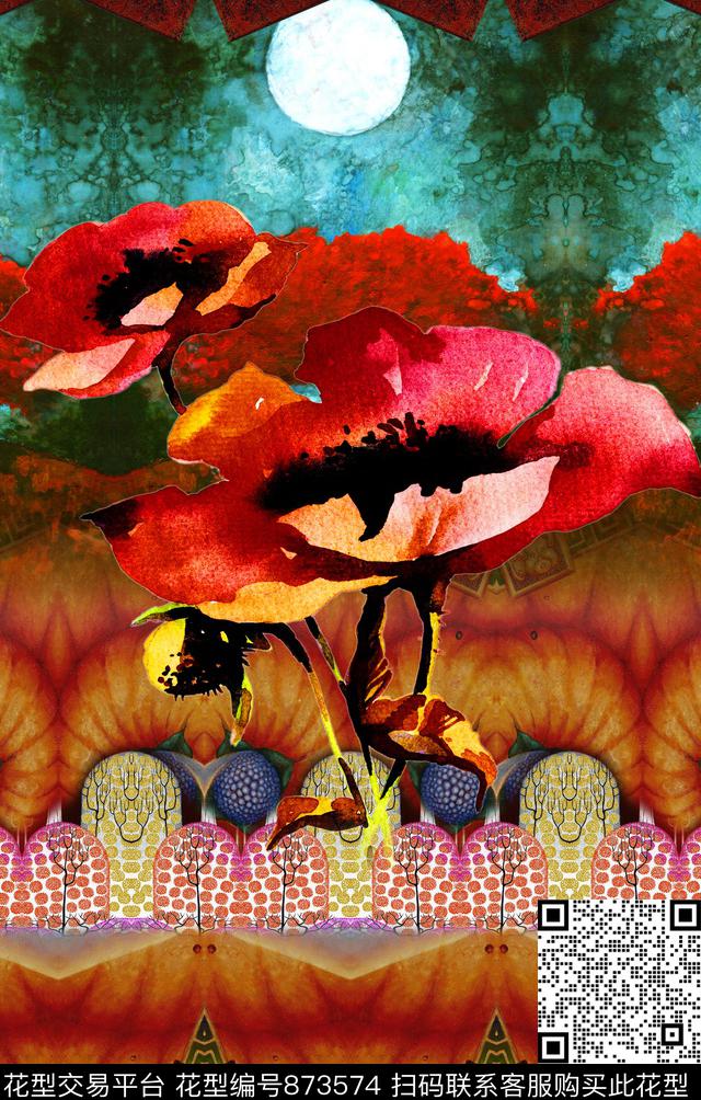 花卉手绘民族风数码印花华亿平台下载（图片编号: 873574） - 瓦栏（Walan）