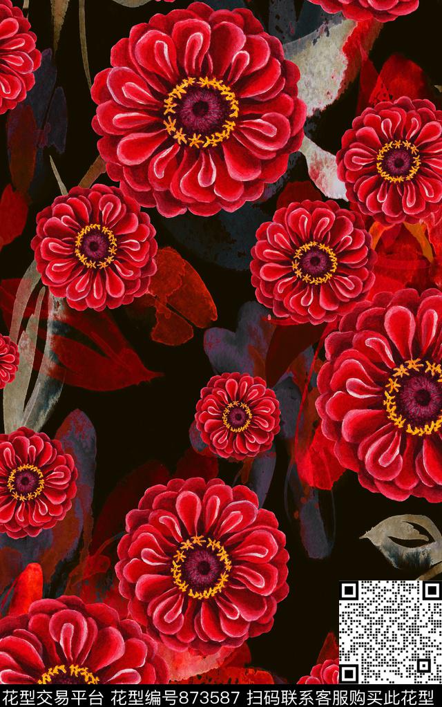 花卉中国风手绘数码印花华亿平台下载（图片编号: 873587） - 瓦栏（Walan）