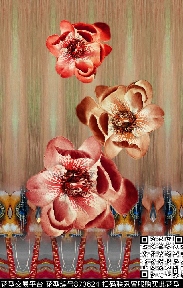 大花水彩民族风数码印花华亿平台下载（图片编号: 873624） - 瓦栏（Walan）