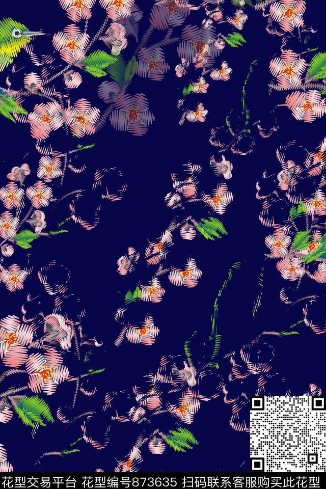 小碎花桃花花鸟数码印花华亿平台下载（图片编号: 873635） - 瓦栏（Walan）