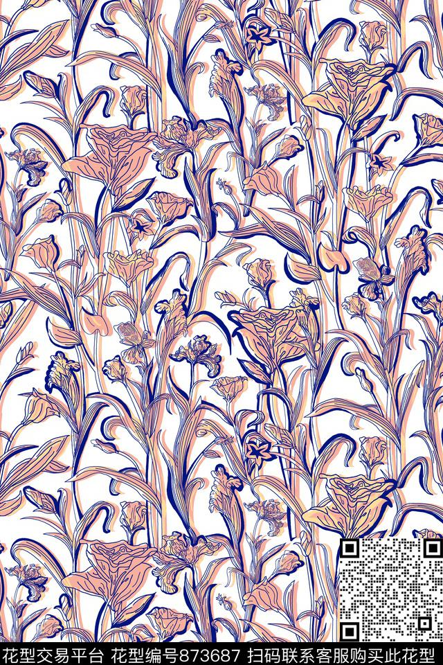 复古花朵花卉数码印花华亿平台下载（图片编号: 873687） - 瓦栏（Walan）