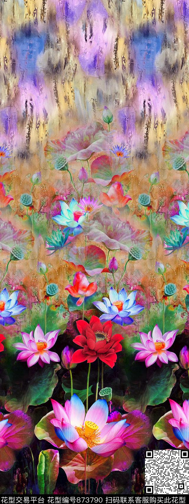 大花定位花荷花数码印花华亿平台下载（图片编号: 873790） - 瓦栏（Walan）