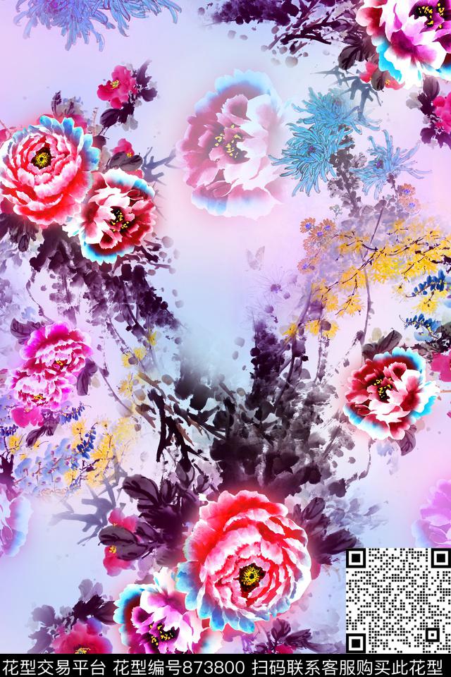 牡丹大花中国风数码印花华亿平台下载（图片编号: 873800） - 瓦栏（Walan）