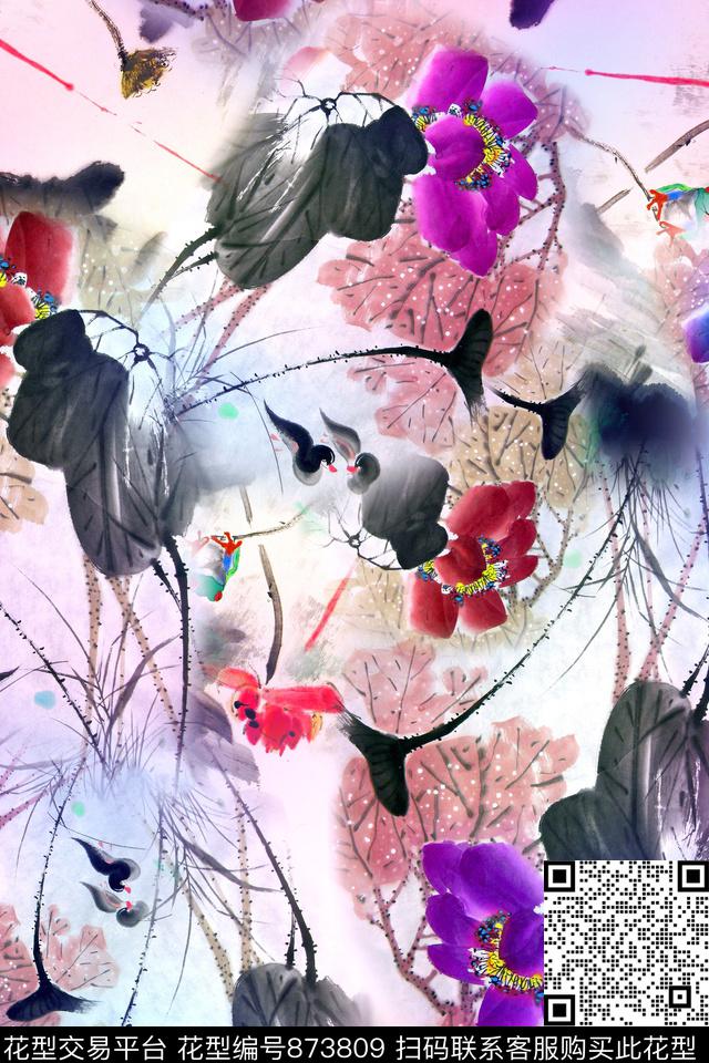 抽象花荷花大花数码印花华亿平台下载（图片编号: 873809） - 瓦栏（Walan）