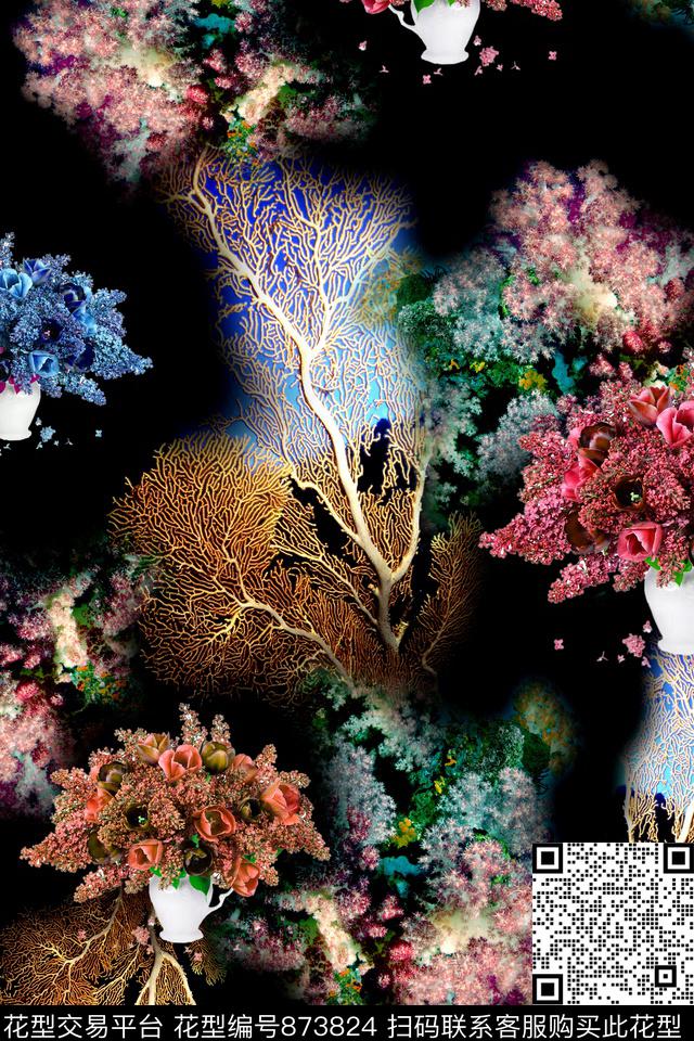 肌理珊瑚花瓶数码印花华亿平台下载（图片编号: 873824） - 瓦栏（Walan）