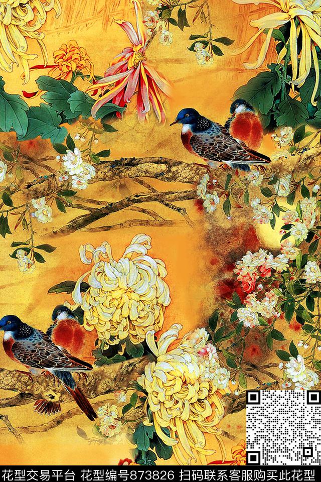 虫鸟花朵花卉数码印花华亿平台下载（图片编号: 873826） - 瓦栏（Walan）