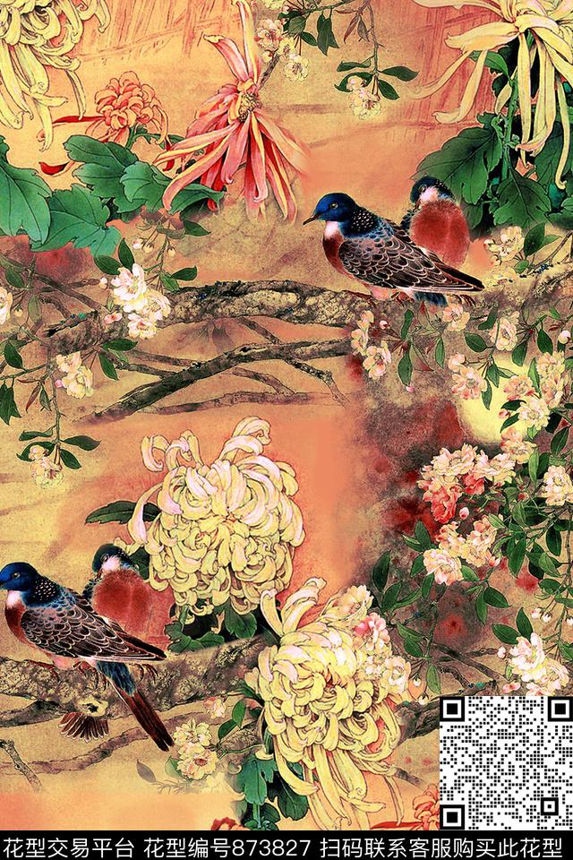 虫鸟花朵花卉数码印花华亿平台下载（图片编号: 873827） - 瓦栏（Walan）