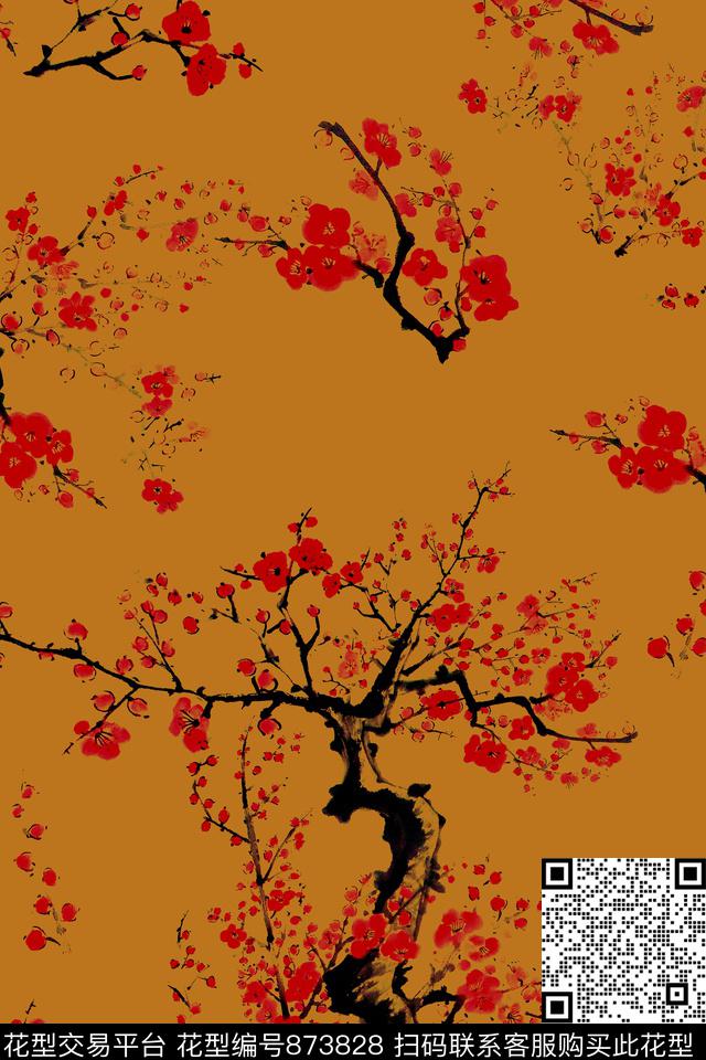 花朵花卉梅花数码印花华亿平台下载（图片编号: 873828） - 瓦栏（Walan）