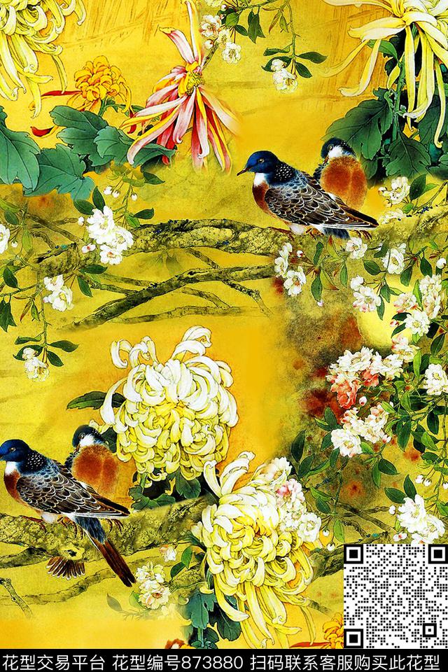 虫鸟花朵花卉数码印花华亿平台下载（图片编号: 873880） - 瓦栏（Walan）