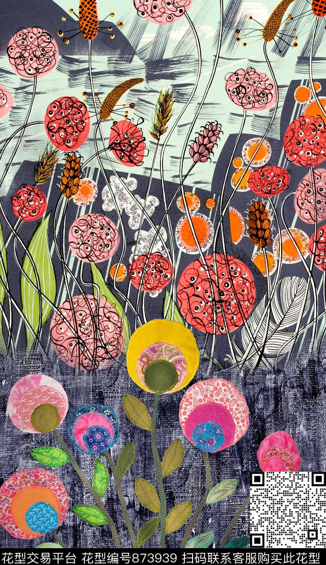 抽象几何花卉数码印花华亿平台下载（图片编号: 873939） - 瓦栏（Walan）