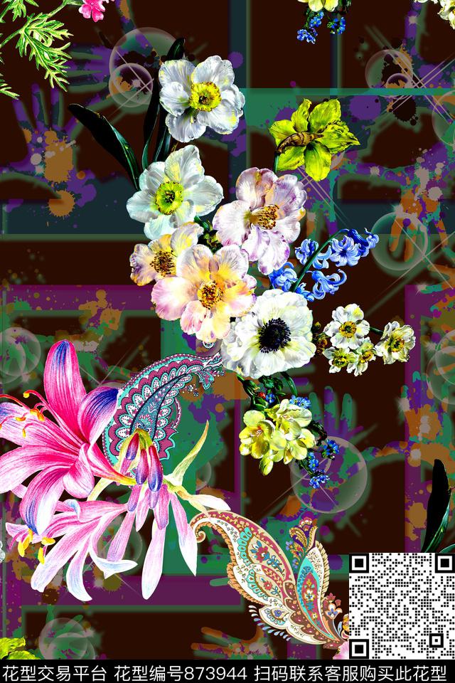 时尚手绘水彩数码印花华亿平台下载（图片编号: 873944） - 瓦栏（Walan）