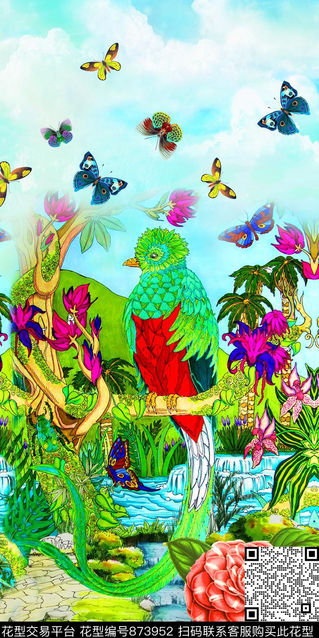 风景小鸟花卉数码印花华亿平台下载（图片编号: 873952） - 瓦栏（Walan）