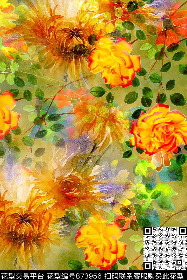 时尚手绘水彩数码印花华亿平台下载（图片编号: 873956） - 瓦栏（Walan）