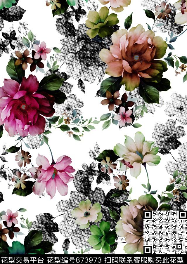 黑白碎花。玫瑰黑白华亿平台数码印花华亿平台下载（图片编号: 873973） - 瓦栏（Walan）