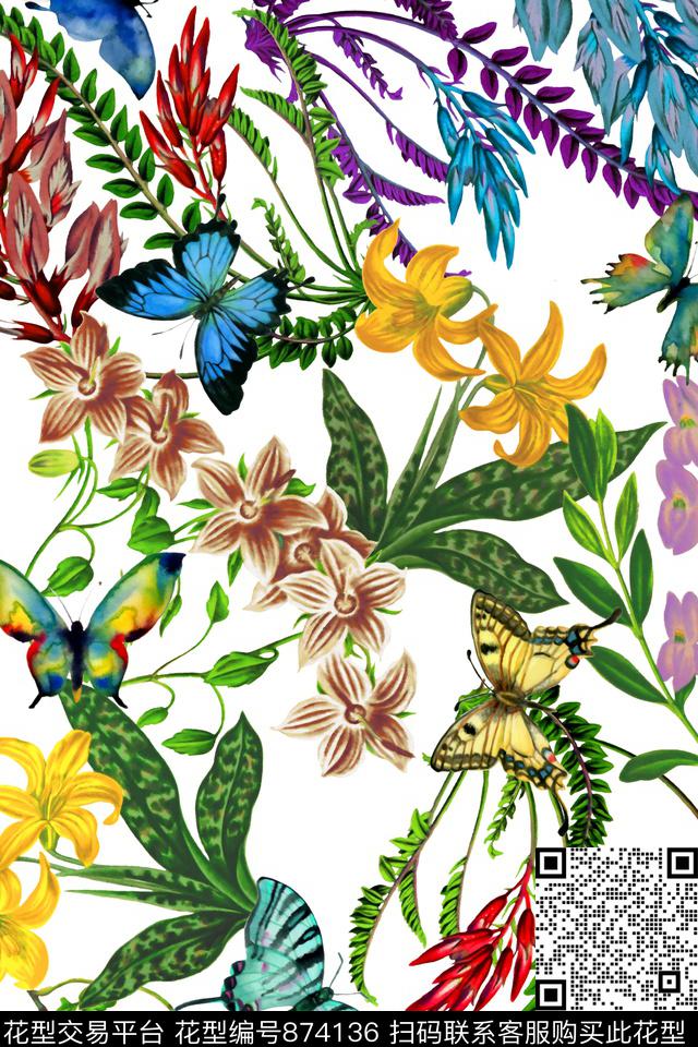 水彩花卉叶子数码印花华亿平台下载（图片编号: 874136） - 瓦栏（Walan）
