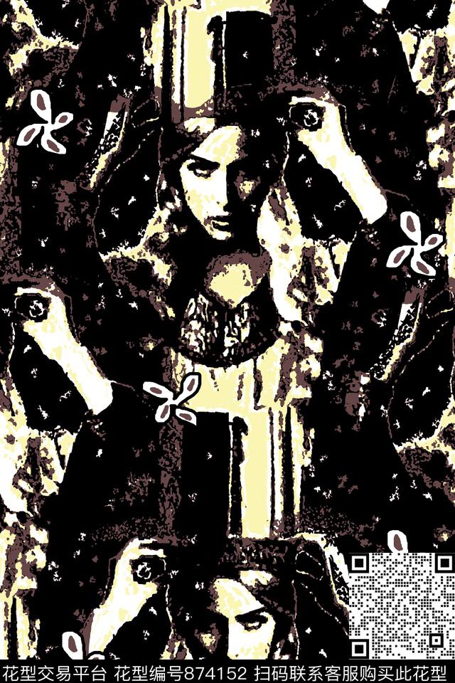 抽象纹理复古人物像传统印花华亿平台下载（图片编号: 874152） - 瓦栏（Walan）