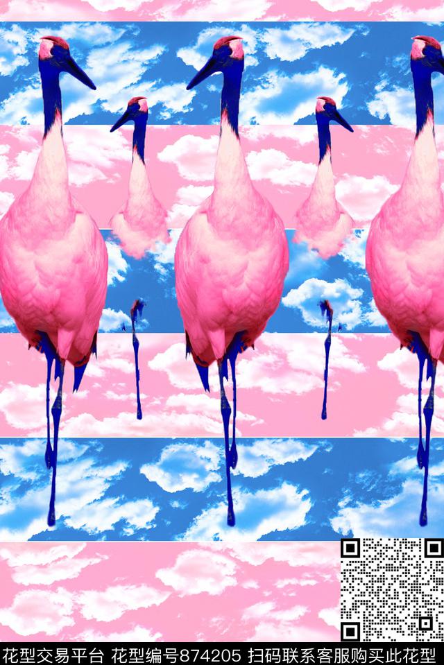 横条鸟云朵数码印花华亿平台下载（图片编号: 874205） - 瓦栏（Walan）