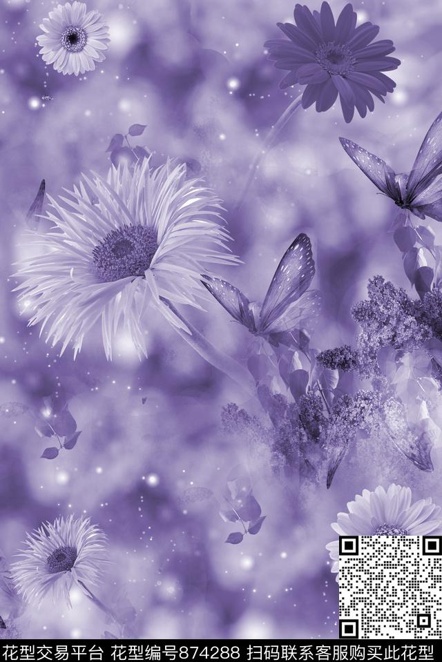 花卉菊花蝴蝶数码印花华亿平台下载（图片编号: 874288） - 瓦栏（Walan）