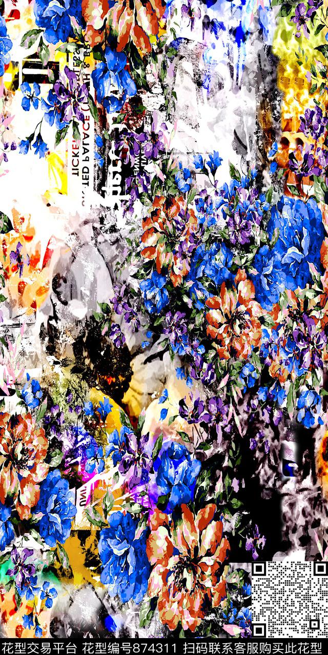 花朵花卉水墨数码印花华亿平台下载（图片编号: 874311） - 瓦栏（Walan）