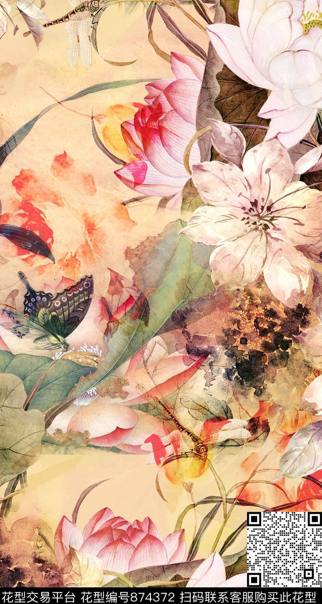 中国风荷花香云纱数码印花华亿平台下载（图片编号: 874372） - 瓦栏（Walan）
