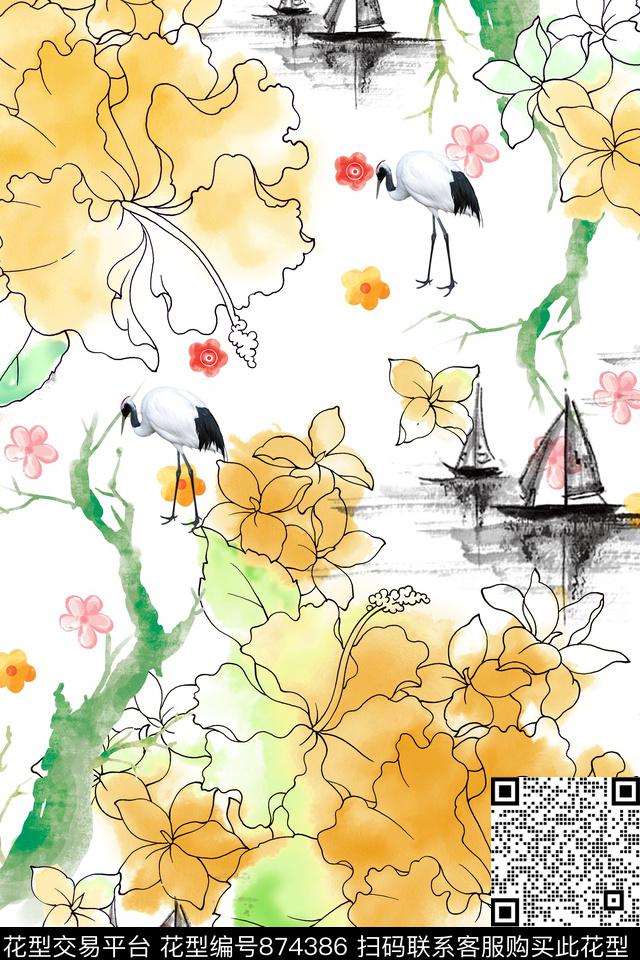 康乃馨花卉仙鹤数码印花华亿平台下载（图片编号: 874386） - 瓦栏（Walan）