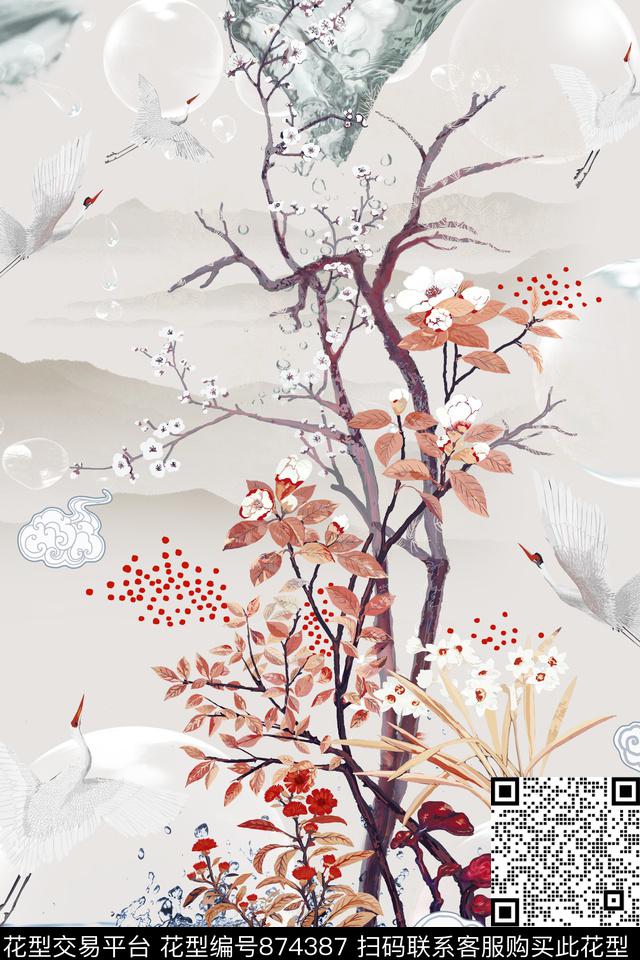 花卉水墨花仙鹤数码印花华亿平台下载（图片编号: 874387） - 瓦栏（Walan）