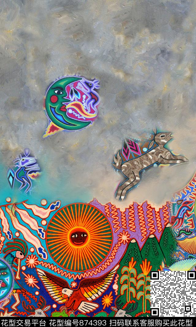 民族风动物几何数码印花华亿平台下载（图片编号: 874393） - 瓦栏（Walan）