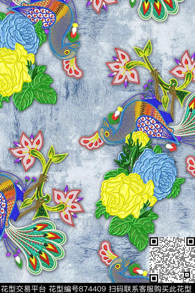 花卉绣花抽象数码印花华亿平台下载（图片编号: 874409） - 瓦栏（Walan）