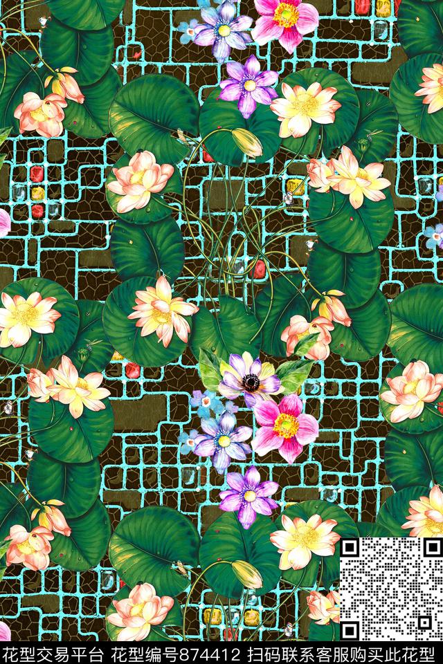 时尚手绘荷花数码印花华亿平台下载（图片编号: 874412） - 瓦栏（Walan）