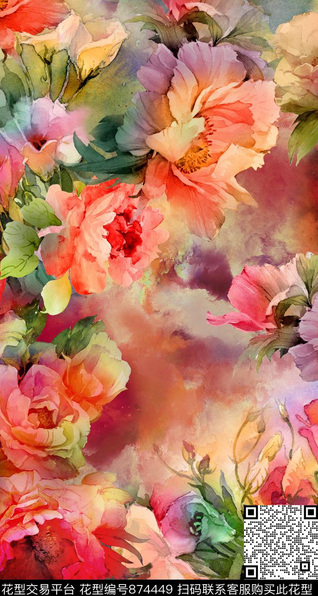 抽象机理手绘花卉数码印花华亿平台下载（图片编号: 874449） - 瓦栏（Walan）