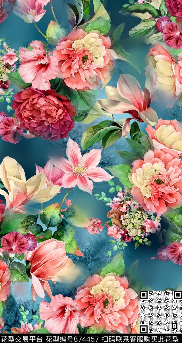 手绘中国风花卉数码印花华亿平台下载（图片编号: 874457） - 瓦栏（Walan）