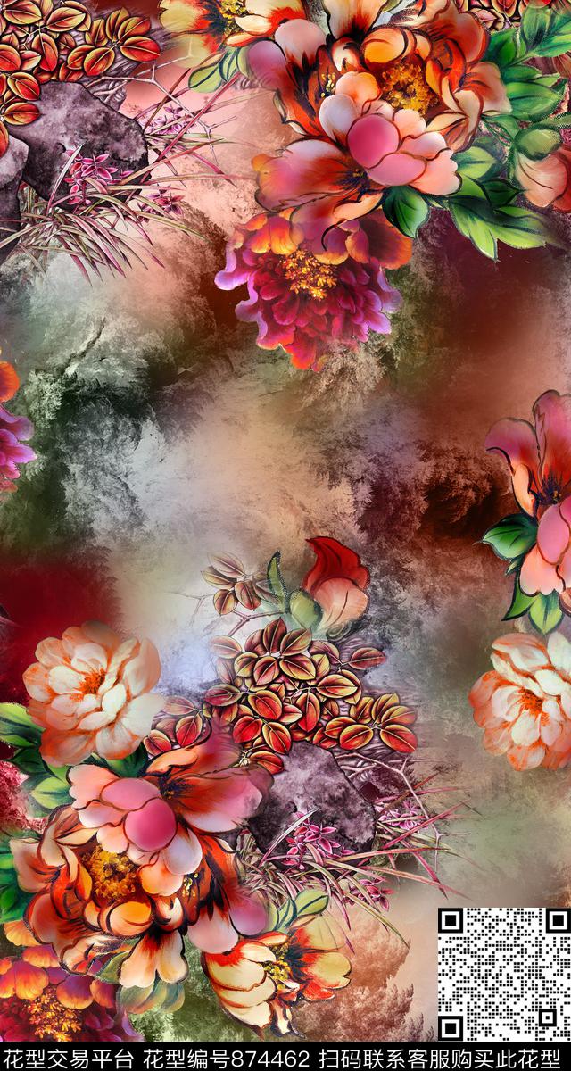 中国风手绘炫彩数码印花华亿平台下载（图片编号: 874462） - 瓦栏（Walan）