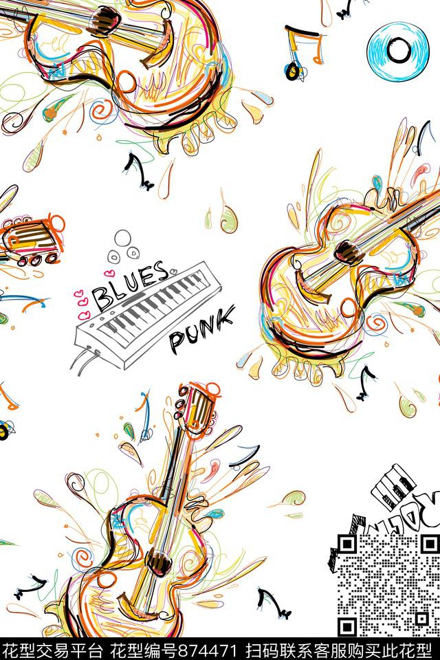 吉他英文字母单色底传统印花华亿平台下载（图片编号: 874471） - 瓦栏（Walan）