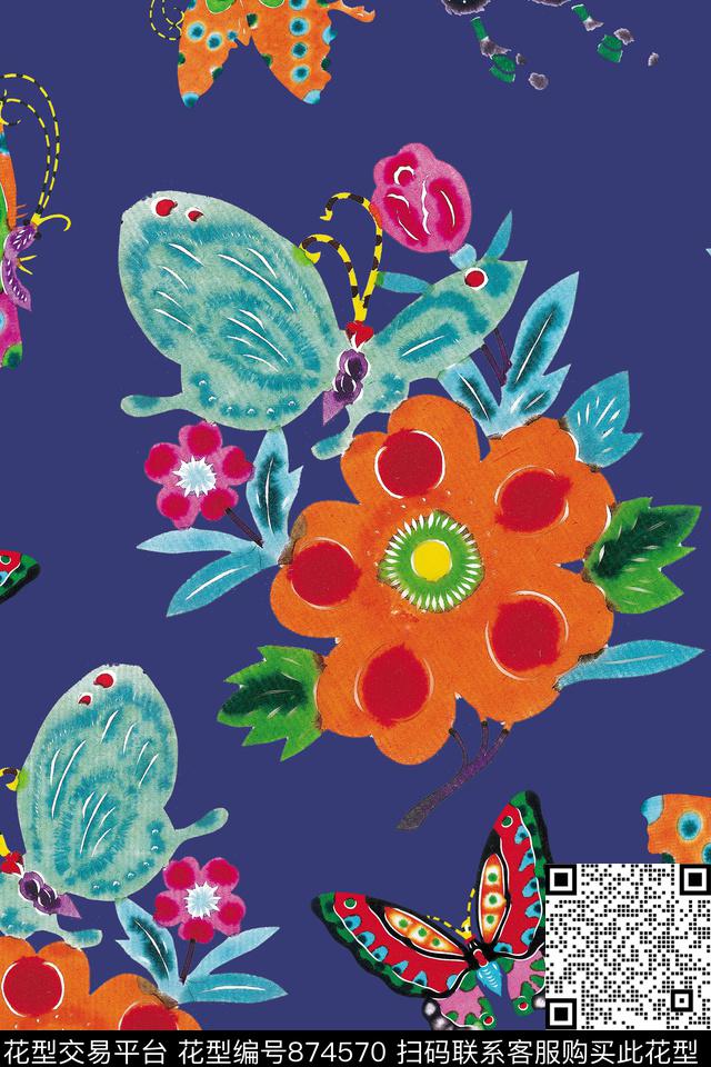 手绘蝴蝶可爱传统印花华亿平台下载（图片编号: 874570） - 瓦栏（Walan）